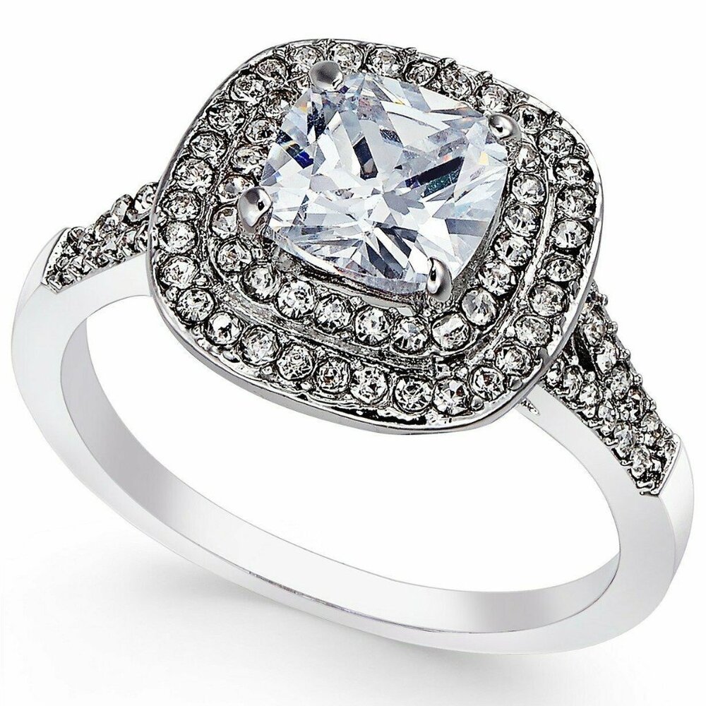 Cubic Zirconia Halo Ring, Sz 8, silver tone NEW